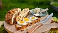 View of a sweet plate with chocolate panettone, butter, and eggs for breakfast Royalty Free Stock Photo