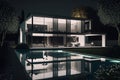 View of swimming pool in front of a modern house at night. Modern luxury house and garden-topaz Royalty Free Stock Photo