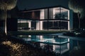 View of swimming pool in front of a modern house at night. Modern luxury house and garden-topaz Royalty Free Stock Photo
