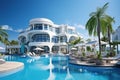 View from a swimming pool in a yard to a beautiful luxury white beach hotel with palm trees under blue sky Royalty Free Stock Photo