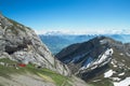 View of Swiss Alps and the steepest cogwheel train from the mount Pilatus in summer