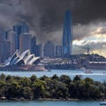 View of Sydney Harbour NSW Australia. Ferry boats partly cloudy colourful skies blue waters Royalty Free Stock Photo