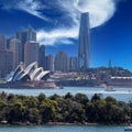 View of Sydney Harbour NSW Australia. Ferry boats partly cloudy colourful skies blue waters Royalty Free Stock Photo