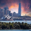 View of Sydney Harbour NSW Australia. Ferry boats partly cloudy colourful skies blue waters Royalty Free Stock Photo