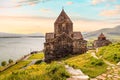 View of symbol of tourist Armenia - Sevanavank Monastery on the peninsula overlooking Lake Sevan in sunny weather Royalty Free Stock Photo