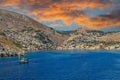 View of Symi island from Greece, with colorful neoclassical mansions