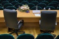 A view of the table for the jury of the festival. Assessment of business conference participants. Seats for judges among the
