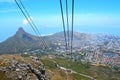 View from Table Mountain National Park to Lions Head Peak, Cape Town and Robben Island. Under the massive wires of the cable car. Royalty Free Stock Photo