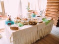 The view of the table set full of diffeerent cakes, cupcakes and wedding cake. Royalty Free Stock Photo