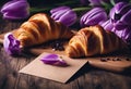 view table top tulips purple card wooden croissant