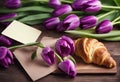 view table top tulips purple card wooden croissant