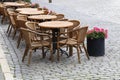 View of tables and chairs in a cozy street restaurant Royalty Free Stock Photo