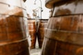 View of tables made with old oak barrels in a bar, cafe, restaurant on the Rambla del Puerto. Reuse and enhancement of objects Royalty Free Stock Photo