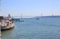 View of Tagus river, monument of Discoveries and April 25 bridge from Belem Tower in Lisbon, Portugal