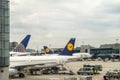 View at the tail fins of several Lufthansa airplanes on a ramp of the Lufthansa gate at the Frankfurt airport