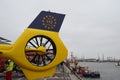 View on tail rotor of yellow D-HYAF ADAC air rescue helicopter or Eurocopter EC145.