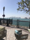 View taken from a restaurant terrace on Porto Arabia, The Pearl, with the city skyline in the background