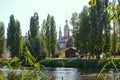 View of the Tamblva embankment and the bell tower of the Kazan monastery Tambov from the bank of the Tsna river Royalty Free Stock Photo