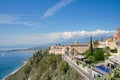 View from Taormina on Giardini Naxos Bay, with Etna volcano in the background in Sicily, Royalty Free Stock Photo