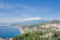 View from Taormina on Giardini Naxos Bay, with Etna volcano in the background in Sicily, Royalty Free Stock Photo