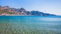 View of Taormina town and Giardini Naxos resort