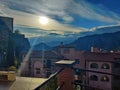View from Taormina town in Sycyly. Landscape view with sea grass mountain and sky. Royalty Free Stock Photo