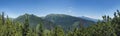 View from tatra mountain trail on Baranec to Western Tatra mountains or Rohace panorama and high tatras. Pine trees and Royalty Free Stock Photo