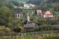 Tauber Valley, Double Bridge and Kobolzeller Church from park Burggarten in Rothenburg ob der Tauber, Bavaria, Germany