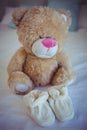 View of teddy bear and baby socks Royalty Free Stock Photo