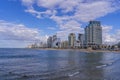 The view of Tel Aviv Bugrashov sandy beach with the Mediterranean sea coastline, and resort hotels Royalty Free Stock Photo