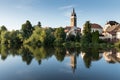 View of Telc city Panorama with blue sky seen from the surrounding river. The historic center of Telc in southern Moravia, Czech R Royalty Free Stock Photo