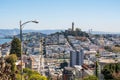 View of the Telegraph Hill tower from Lombard Street region, San Francisco, California, USA Royalty Free Stock Photo