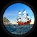 View Through a Telescope Red Wooden Vintage Tall Sailing Ship, Caravel, Pirate Ship or Warship in Ocean near Mountain Island. 3d Royalty Free Stock Photo