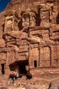 View of the temple and building carved into the sandstone rock. Petra, Jordan.