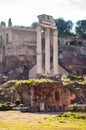 View on the Temple of Castor and Pollux and on Domus Tiberiana palace remains ruins as a part of west edge of Palatine hill with