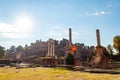 View on the Temple of Castor and Pollux and on Domus Tiberiana palace remains ruins as a part of west edge of Palatine hill with