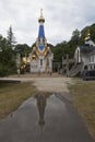 View of the temple in honor of the icon of Our Lady of Semistrelnaya in the Trinity-Georgievsky female monastery in village