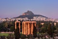 View of the Temple of Olympian Zeus and Mount Lycabettus in the Royalty Free Stock Photo