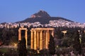 View of the Temple of Olympian Zeus and Mount Lycabettus in the Royalty Free Stock Photo