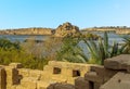 A view from the temple on Philae Island towards Bigeh island in the Nile near Aswan, Egypt Royalty Free Stock Photo