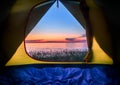 View From the Tent. Hiking, Beautiful Sunset from Entrance of Tent. Traveling by Savage