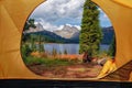 View from a tent on the shore of Lake Svetloye in Ergaki