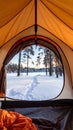 View from Tent on Snowy Winter Landscape, Pine Trees and Footprints Royalty Free Stock Photo