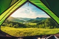 view from the tent to green hills on summer shiny day. Generative AI