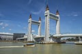 The view of Terengganu Drawbridge spans over the Terengganu River with boats as seen from Muara Utara in Seberang Takir of Kuala T