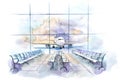 View from the terminal to the takeoff field with airplane. Airport hall interior. Royalty Free Stock Photo