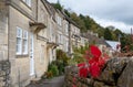 View of terrace houses in the historic town of Bradford on Avon in the Cotswolds, Wiltshire, UK, taken from path to St Mary Chapel