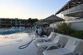 View from terrace of restaurant on the swimming pool and aqua bikes in Holiday resort TUI Magic Life Candia Maris.