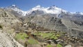 Terraced fields of Muktinath valley and Thorong La pass in the background  Annapurna Circuit  Nepal Royalty Free Stock Photo