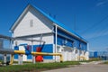 View of territory of gas distribution station from outside on sunny summer day. Industrial building. New gas supply Royalty Free Stock Photo